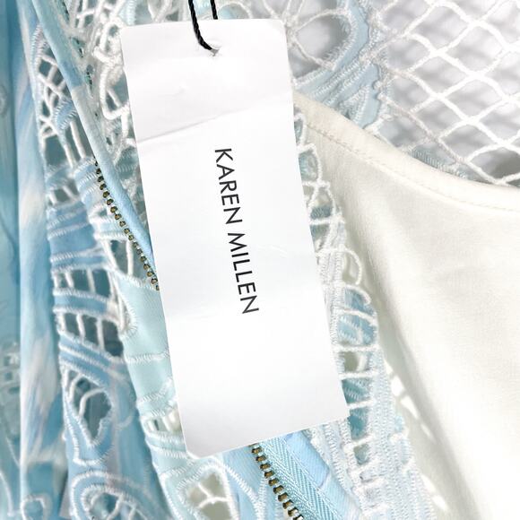 Karen Millen Paisley Lace Cutwork Dress Blue Mini Long Sleeve Sz 10 US - Picture 14 of 15